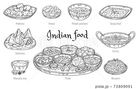 Set Of Indian Food Icons In Hand Engraved Style のイラスト素材