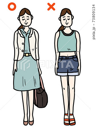 ゴルフ 行き帰り 服装マナー ドレスコード女性 正解と不正解 夏のイラスト素材