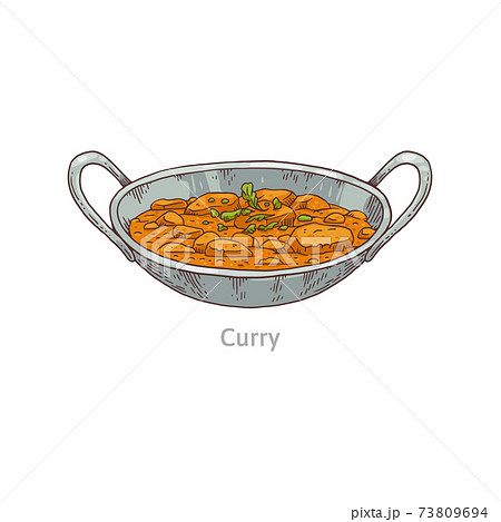 Indian cuisine curry dish in bowl hand drawn vector illustration isolated. Indian cuisine curry dish in bowl hand drawn vector illustration isolated. 73809694