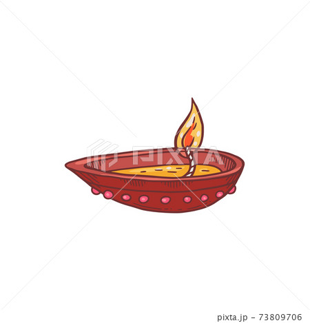 Indian burning oil lamp, clay candle for holiday pongal, dhanteras deepawali. 73809706