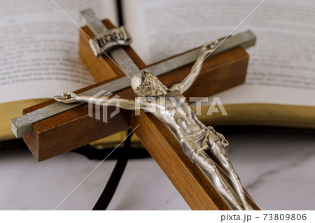 Jesus on the crucifix of salvation way to God through prayer Holy Bible the Christian cross the hope of mankind 73809806