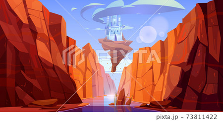 Magic blue castle flying above river in canyon 73811422