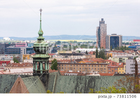 Brno. Czechia. May 2019. Panorama of Brno. City roofs and the old Cathedral. 73811506