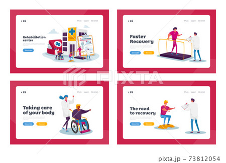 Rehabilitation Landing Page Template Set. Tiny Characters at Huge Medic Things. Rehab Clinic, Patients Exercising, Sport Rehabilitation Landing Page Template Set. Tiny Characters at Huge Medic Things. Rehab Clinic, Patients Exercising, Sport 73812054