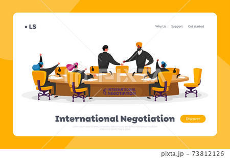Partnership, Delegates Meeting Landing Page Template. Spokesmen Shaking Hands, Making Agreement during Negotiations 73812126