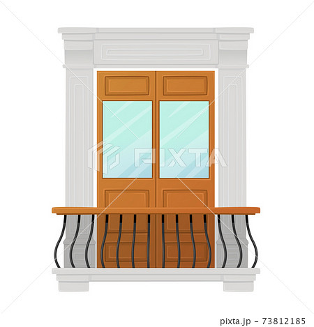 Balcony with Wooden Door and Classic Marble Pillars. Exterior Architecture with Decoration. Vintage Building Facade 73812185