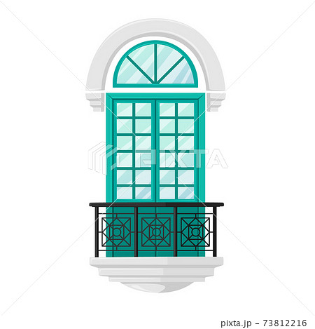 Balcony with Forged Railings, Green Door with Small Windows and Classic Marble Arch. Exterior Architecture Vintage Decor Balcony with Forged Railings, Green Door with Small Windows and Classic Marble Arch. Exterior Architecture Vintage Decor 73812216