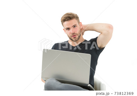 Man work on laptop. Man run trade business. Business Man work on laptop. Man run trade business. Business 73812369