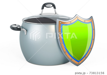 Stainless steel stock pot with shield, 3D rendering 73813156