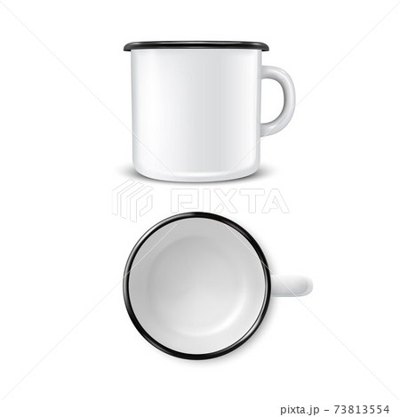 Vector 3d Realistic Enamel Metal Blank White Mug Isolated on White Background. Front and Top View. Design Template for Mock up Vector 3d Realistic Enamel Metal Blank White Mug Isolated on White Background. Front and Top View. Design Template for Mock up 73813554