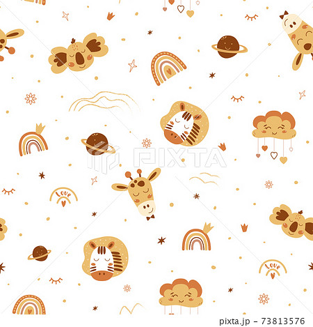 Cute boho animals pattern. Baby animals, rainbows. Boho safari animals. Yellow neutral seamless pattern. 73813576