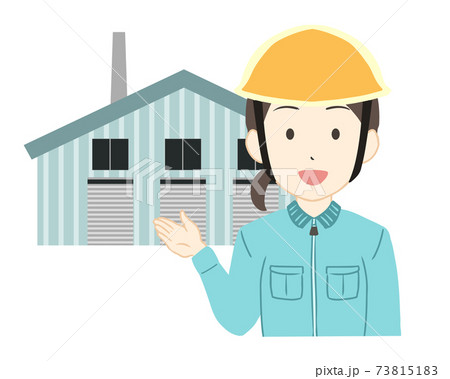 工場を案内する作業員　女性　ヘルメット　線無し 73815183