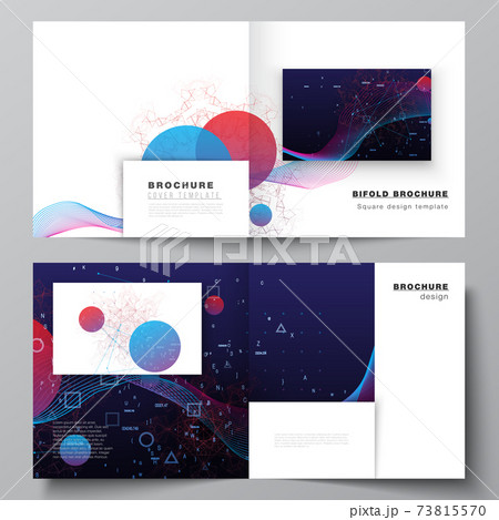 Vector layout of two covers templates for square bifold brochure, flyer, magazine, cover design, book design. Artificial intelligence, big data visualization. Quantum computer technology concept. Vector layout of two covers templates for square bifold brochure, flyer, magazine, cover design, book design. Artificial intelligence, big data visualization. Quantum computer technology concept. 73815570