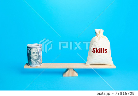 Bundle of dollars and a bag of skills on scales. Concept of education and investment in human capital. Self-development, refresher courses. Salary size in relation to employee professionalism . Bundle of dollars and a bag of skills on scales. Concept of education and investment in human capital. Self-development, refresher courses. Salary size in relation to employee professionalism . 73816709