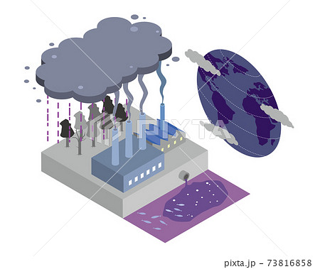 工場からの排水と煙で環境が破壊される公害のイメージ 73816858