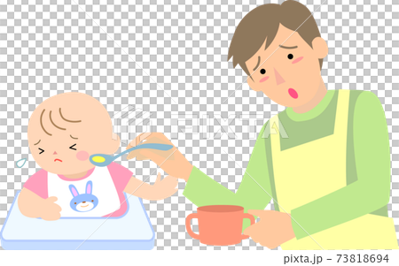 離乳食を嫌がる女の子の赤ちゃんと父親のイラスト素材