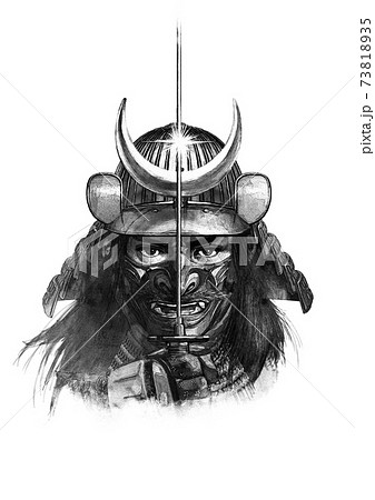 日本刀を構える戦国武将 モノクロ02のイラスト素材