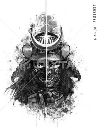 日本刀を構える戦国武将 モノクロ01のイラスト素材