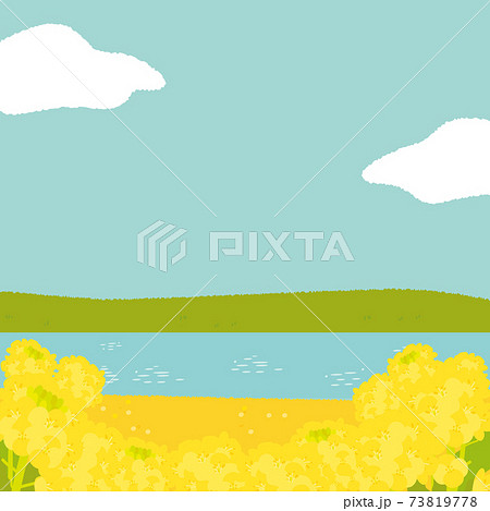 河原と菜の花畑のイラスト素材