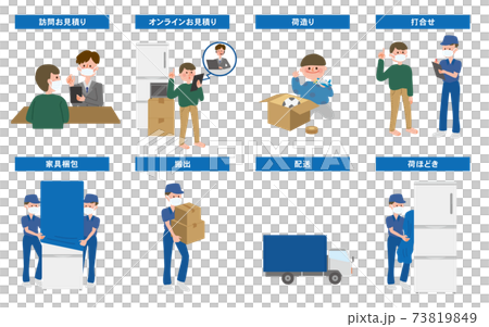 引越しの流れイラスト (見積もり・荷造り・打合せ・家具梱包・搬出・配送・荷ほどき)引越しの流れイラス 引越しの流れイラスト (見積もり・荷造り・打合せ・家具梱包・搬出・配送・荷ほどき)引越しの流れイラス 73819849