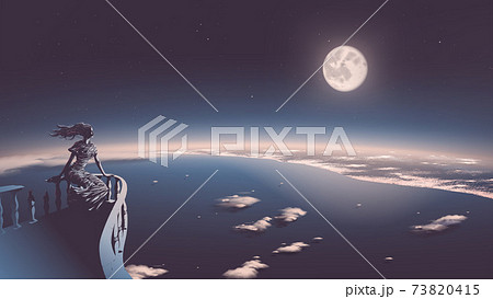 vector illustration of the ancient goddess relaxing on the balcony and she is looking down from heaven to the modern civilization with a beautiful full moon in the background 73820415