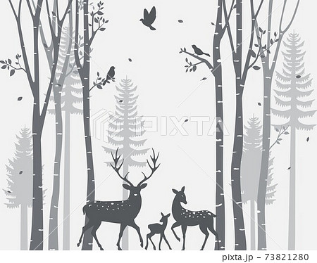 Birch Tree with deer and birds Silhouette Background for wallpaper sticker Birch Tree with deer and birds Silhouette Background for wallpaper sticker 73821280