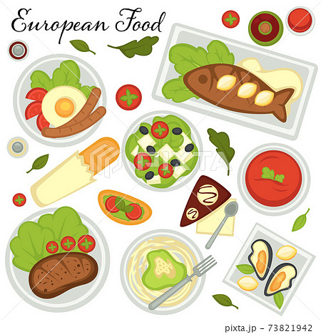 Collection of traditional dishes of European countries. Recipes from europe, fried fish eggs and sausage. 73821942