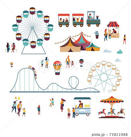 Attractions and big top circus amusement park ice cream vector roller coaster and air balloon 73821988