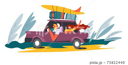 People in camper van and surfboards on vacation 73822440
