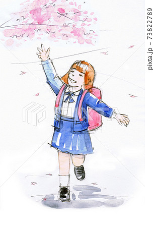 桜と1年生の女の子の水彩イラストのイラスト素材 7327