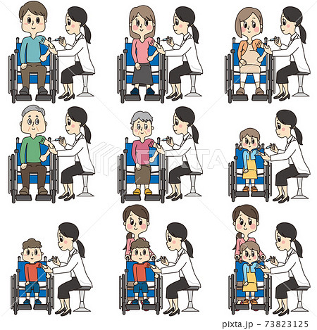 病院で女性の先生のワクチン（予防接種）を受ける車椅子の人のイラストセット 73823125