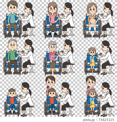 病院で女性の先生のワクチン（予防接種）を受ける車椅子の人のイラストセット 73823125