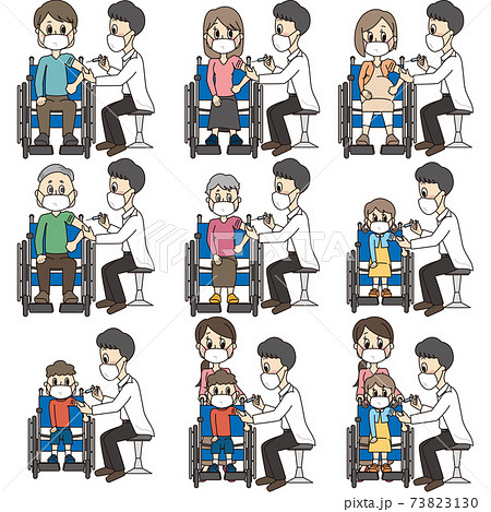 病院で男性の先生のワクチン(予防接種)を受ける車椅子に乗ったマスクをした人のイラストセット 病院で男性の先生のワクチン(予防接種)を受ける車椅子に乗ったマスクをした人のイラストセット 73823130
