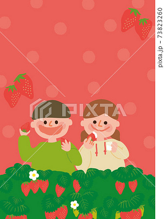 いちご狩りする男の子と女の子のイラスト素材