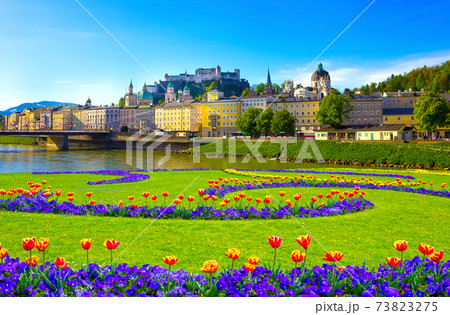 Beautiful view of Salzburg skyline with Festung Hohensalzburg and Salzach river in summer, Salzburg, Austria 73823275