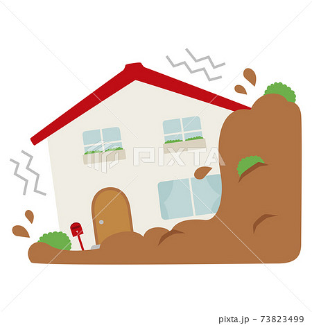 自然災害と家のイラスト 地震または大雨による影響で山が崩れて土石流に埋まった家 のイラスト素材
