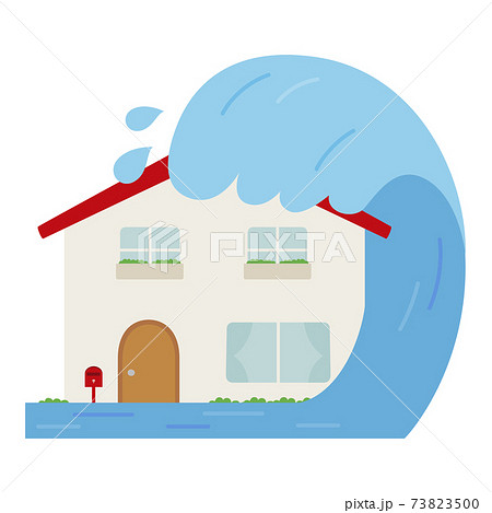 自然災害と家のイラスト 津波が来て水害にあった家 のイラスト素材