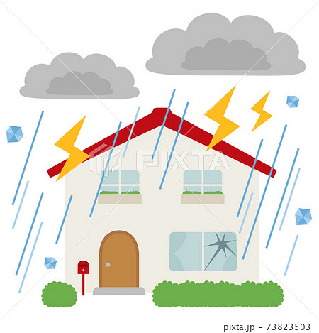 自然災害と家のイラスト 豪雨と雷 ヒョウの被害にあう家 のイラスト素材