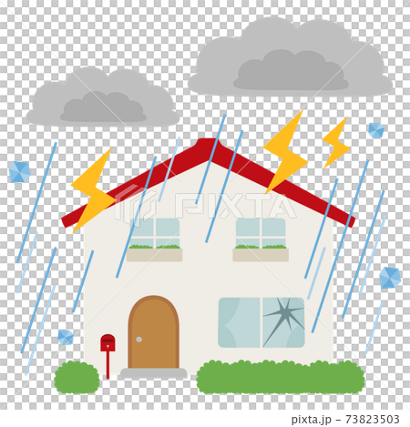 自然災害と家のイラスト 豪雨と雷 ヒョウの被害にあう家 のイラスト素材