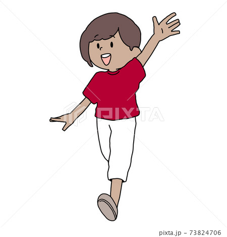 手をふる褐色茶髪ショートカットの女の子 夏服ズボン のイラスト素材