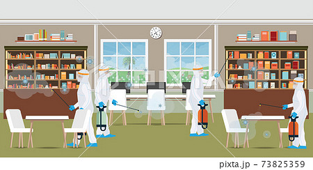 Specialist in hazmat suit cleaning and disinfecting coronavirus cells at the library. Specialist in hazmat suit cleaning and disinfecting coronavirus cells at the library. 73825359