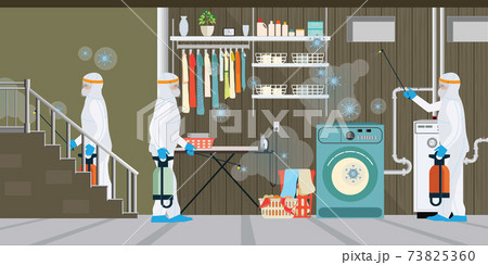 Specialist in hazmat suit cleaning and disinfecting coronavirus cells at the home. Specialist in hazmat suit cleaning and disinfecting coronavirus cells at the home. 73825360