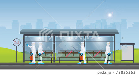 Specialist in hazmat suit cleaning and disinfecting coronavirus cells at the bus staton Specialist in hazmat suit cleaning and disinfecting coronavirus cells at the bus staton 73825363