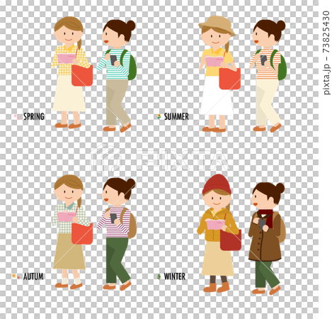ガイドブック、スマホで地図を見る春夏秋冬、季節にあったファッションの女性2人組のセット 73825430