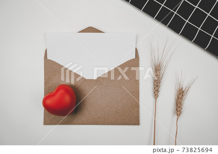 Blank white paper is placed on open brown paper envelope with red heart and Barley dry flower and black cloth on white background. Valentine's day concept. Mock-up of horizontal blank greeting card Blank white paper is placed on open brown paper envelope with red heart and Barley dry flower and black cloth on white background. Valentine's day concept. Mock-up of horizontal blank greeting card 73825694