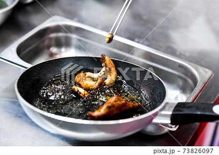 Chef cooking, Chef preparing food in the kitchen, Chef decorating dish, closeup. 73826097