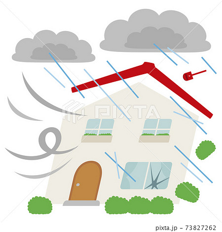 自然災害と家のイラスト 台風による風や大雨で損害が大きい家 のイラスト素材