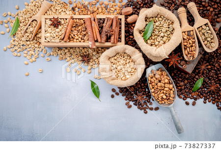 Green and brown decaf unroasted and dark roasted coffee beans in hemp sack bags with scoops setup on white concrete background. Green and brown decaf unroasted and dark roasted coffee beans in hemp sack bags with scoops setup on white concrete background. 73827337