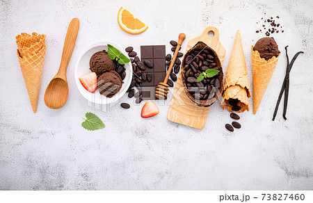 Chocolate ice cream flavours in bowl with dark chocolate and cacao nibs setup on white stone background . 73827460