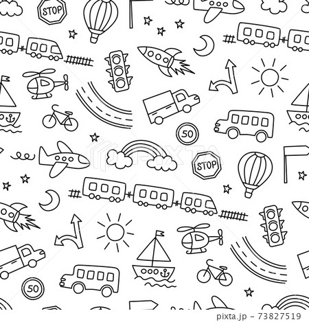 Children drawing of cars, train, plane, helicopter and rocket. Doodle transport. Seamless pattern in kid style. 73827519
